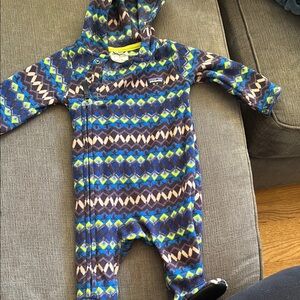 Patagonia Cozy Blue and Brown Hooded Footies One Piece